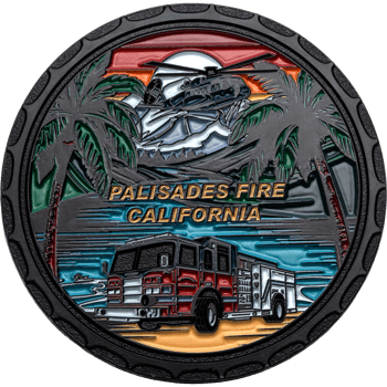 Circular challenge coin for Palisades Fire California featuring a fire truck, helicopter, and palm trees against a sunset background.