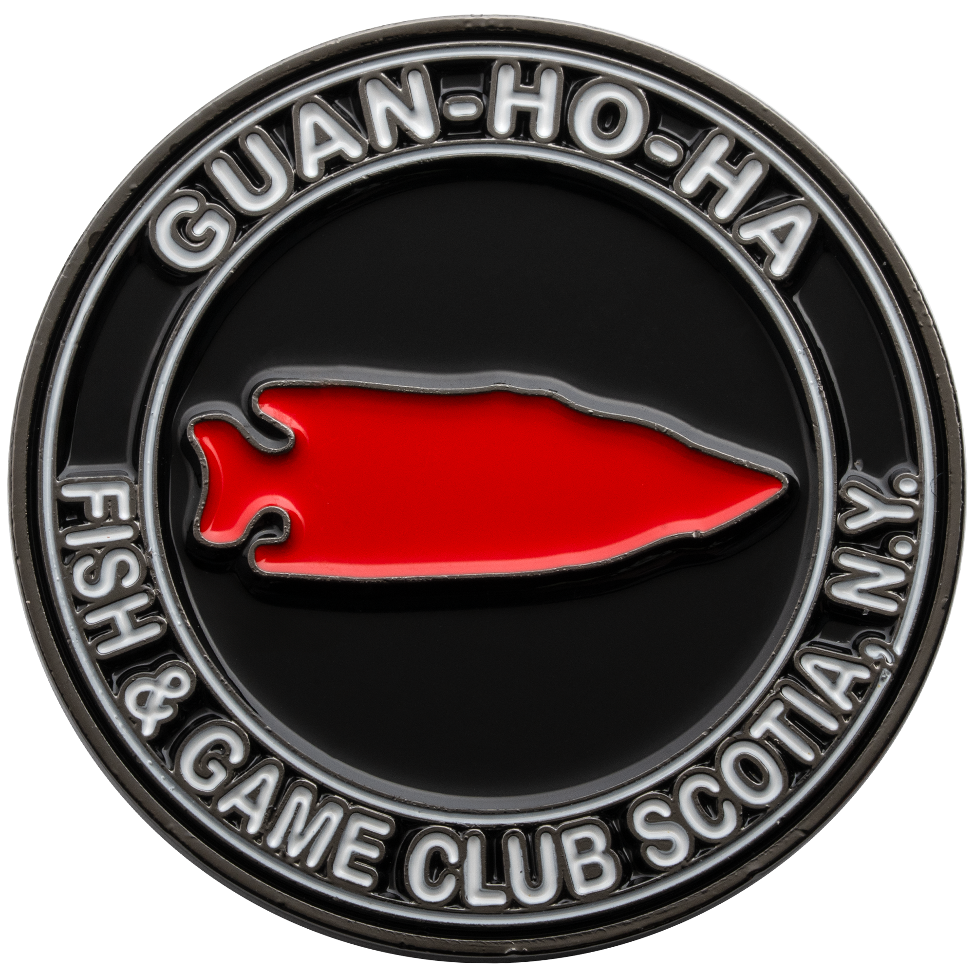 Circular challenge coin with red arrowhead emblem and Guan-Ho-Ha Fish & Game Club Scotia N.Y. text in white enamel.