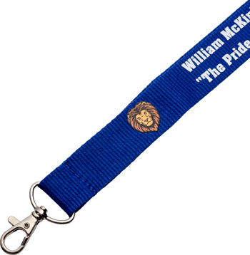 Royal blue custom lanyard with lobster claw clip featuring a lion mascot emblem and white text reading William McKinley.