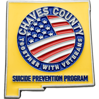 Custom lapel pin shaped like New Mexico featuring the Chaves County logo with an American flag and Suicide Prevention Program text.