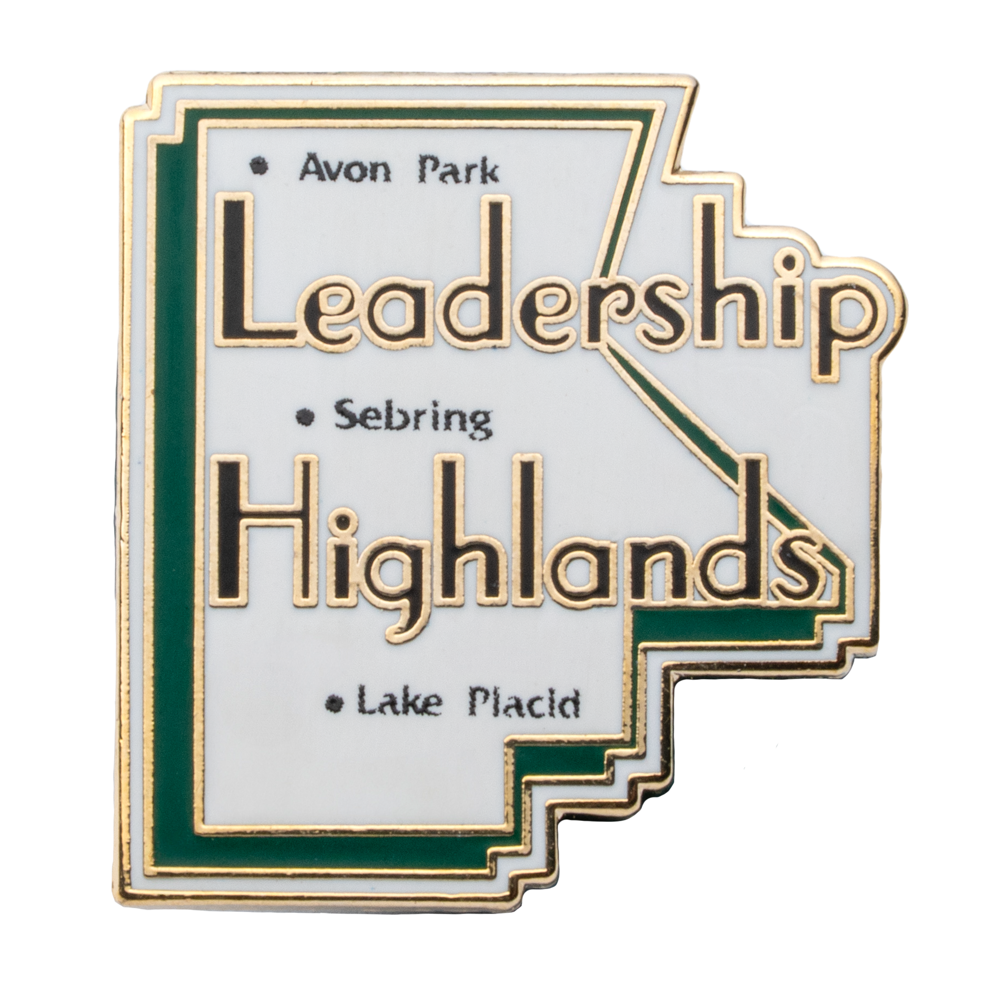 Leadership Highlands lapel pin featuring Avon Park, Sebring, and Lake Placid text on a white and green stepped geometric shape with gold trim.