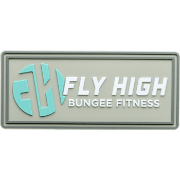Rectangular PVC patch featuring the Fly High Bungee Fitness logo in teal and white on a grey background.