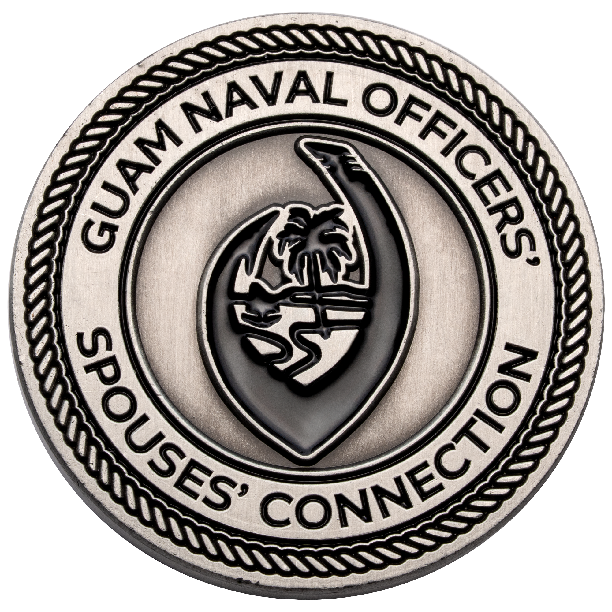 Antiqued silver challenge coin for Guam Naval Officers' Spouses' Connection featuring a palm tree emblem and rope border.