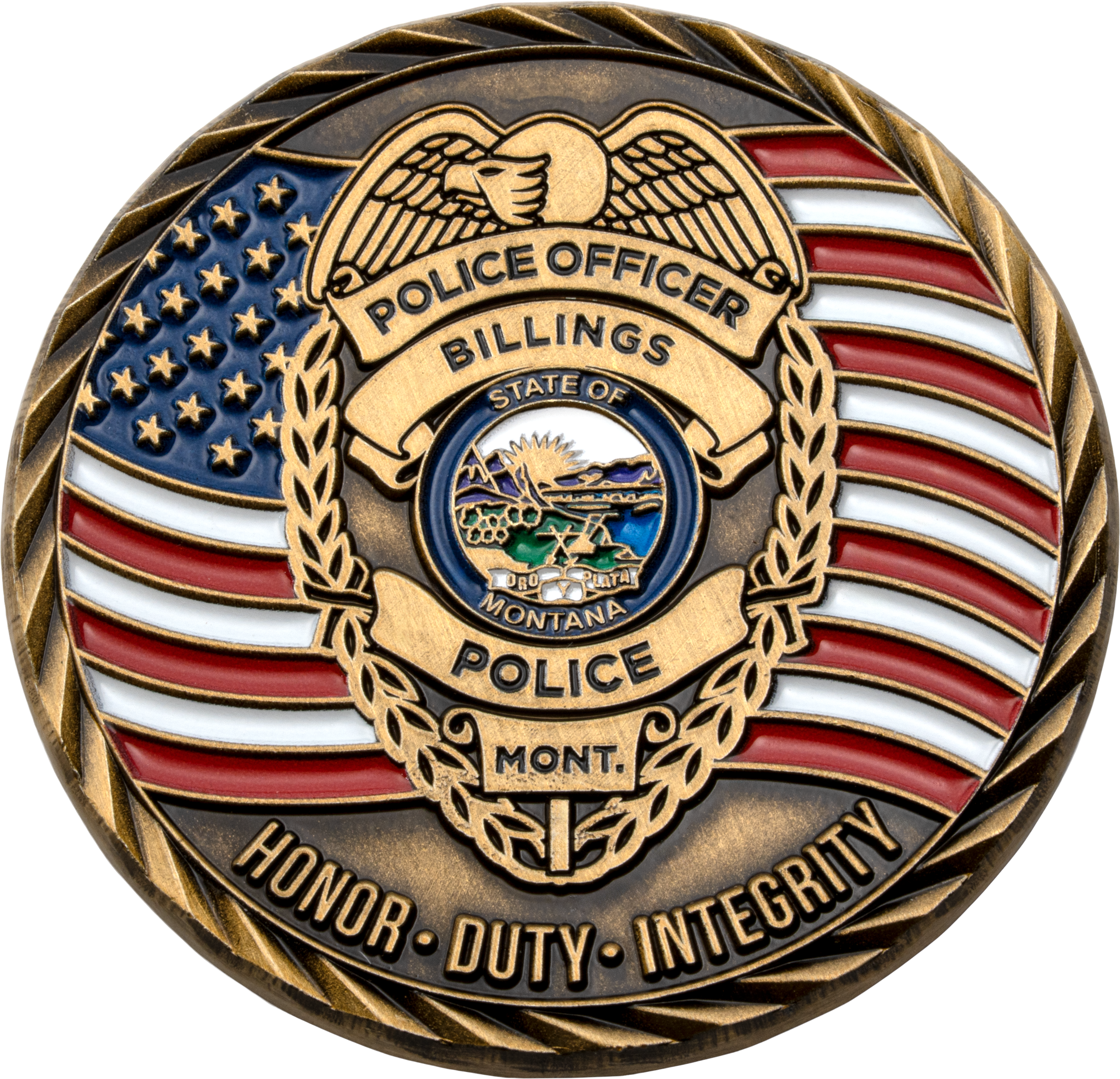 Antiqued gold challenge coin featuring a Billings Police Department badge over a waving American flag background with the words Honor, Duty, Integrity.